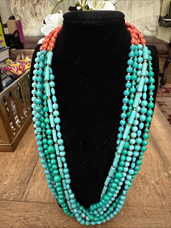No brand Jewelry - Multi-Strand Turquoise and Coral Beaded Statement Necklace
